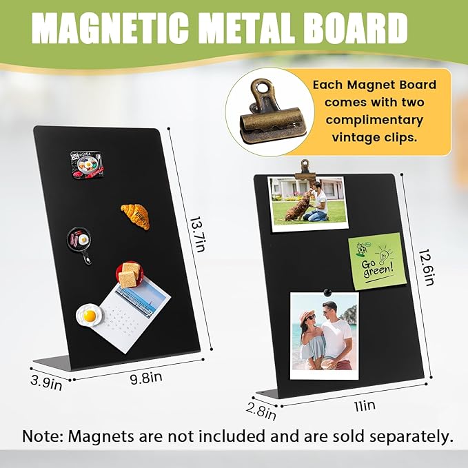 Magnetic Display Board - Desktop Metal Memo Board for Notes & Photos, 11x9.8 Inch Small Black Magnetic Bulletin Board, Includes Clips for Office, Room Decor (11 * 12.6inch, Count, 1)