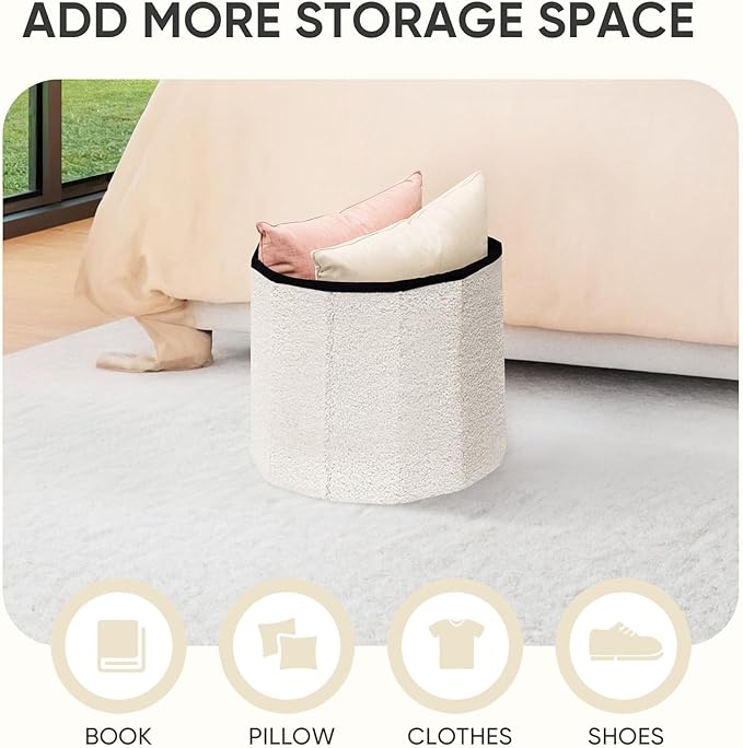 PINPLUS Round Storage Ottoman Cube Footrest - Versatile Boucle & Faux Teddy Fur Stool with Hidden Compartment for Living Room, Dorm, Bedroom White, 15"x15"x13.2"