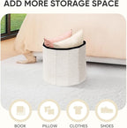 PINPLUS Round Storage Ottoman Cube Footrest - Versatile Boucle & Faux Teddy Fur Stool with Hidden Compartment for Living Room, Dorm, Bedroom White, 15"x15"x13.2"