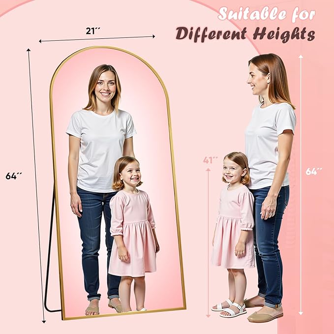 Full Length Mirror, 64" x 21" Arched Full Body Mirror Large Standing Floor Mirrors, Mirrors for Bedroom, Bathroom, Living Room Standing or Wall Leaning, Gold