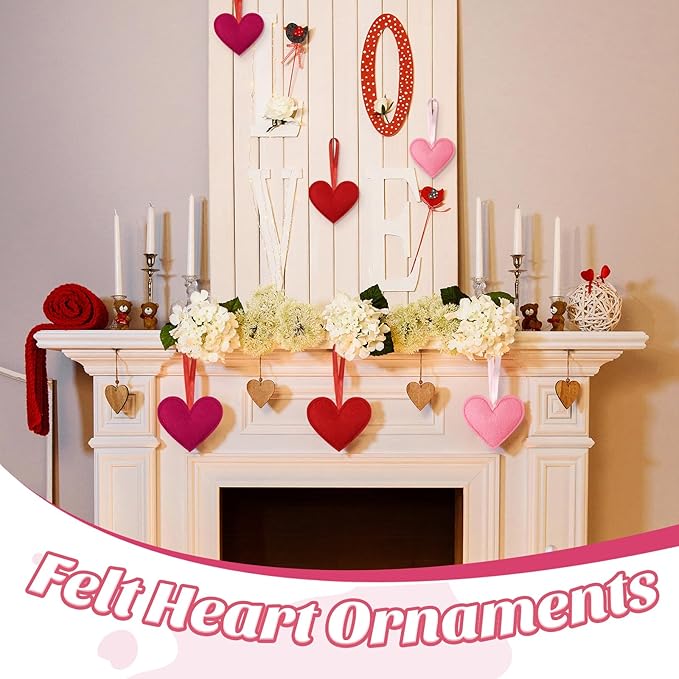 Syhood 12 Pcs Valentine's Day Felt Heart Ornaments Hanging Tree Decor for Wedding, Anniversary, Christmas Party Supplies, Winter Home Decorations(Pink. Red and Rose Red,Solid Color Style)