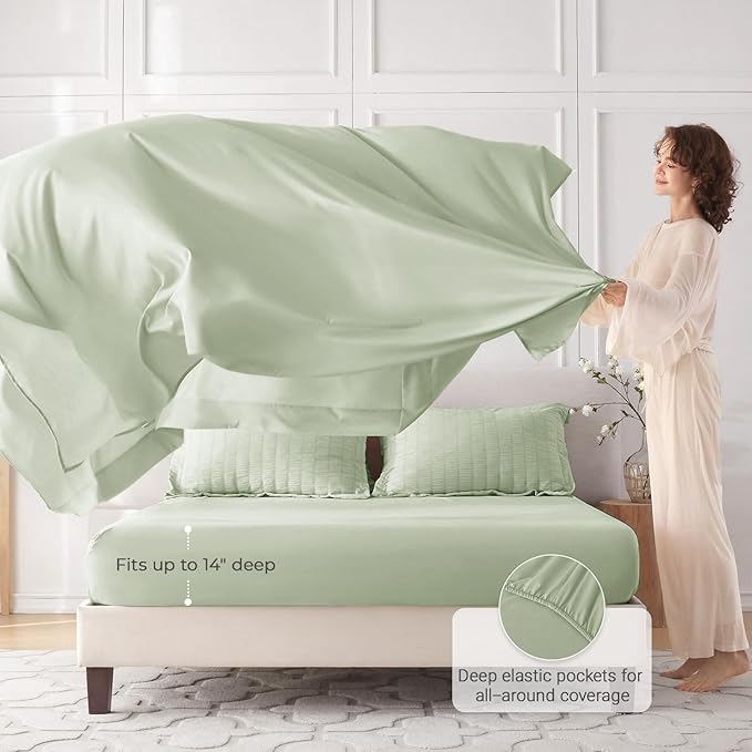 MUXHOMO 5 Pieces Twin Comforter Set, Seersucker Bed in a Bag Twin Size, All Season Luxury Bedding Set with Comforter, Flat Sheet, Fitted Sheet, Pillowcase & Sham, Light Green