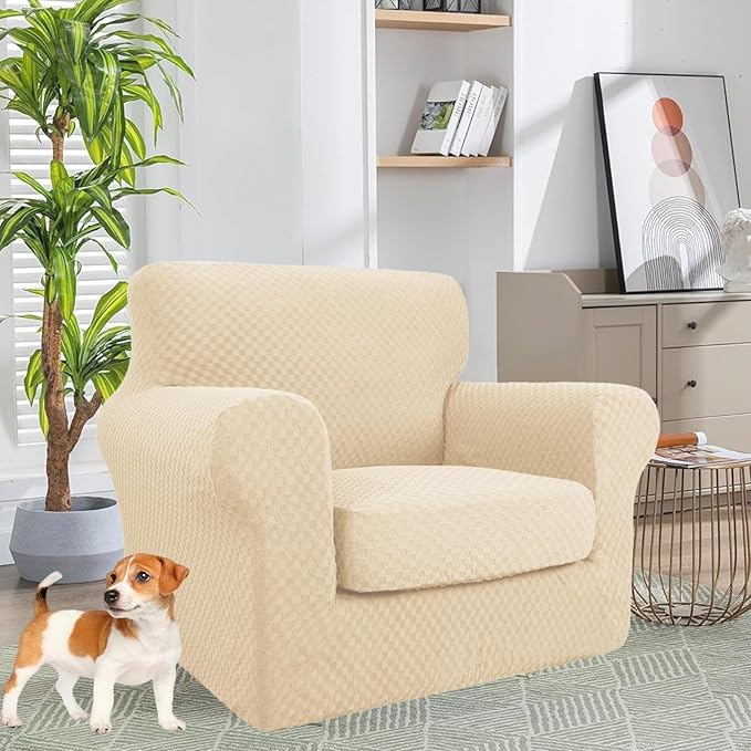 YEMYHOM Latest Checkered 2 Pieces Chair Covers for Living Room High Stretch Thickened Chair Slipcovers with Arms Anti Slip Elastic Armchair Sofa Couch Slipcover Protector (Beige), 31"-46"(1 Cushion)