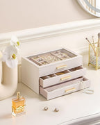 Lolalet Jewelry Box Organizer, 3-Layer Jewelry Organizers and Storage Case with Glass Lid, Ring Earring Bracelet Necklace Holder Organizer, Birthday Valentine Gifts for Women Girls -3Layer, Beige