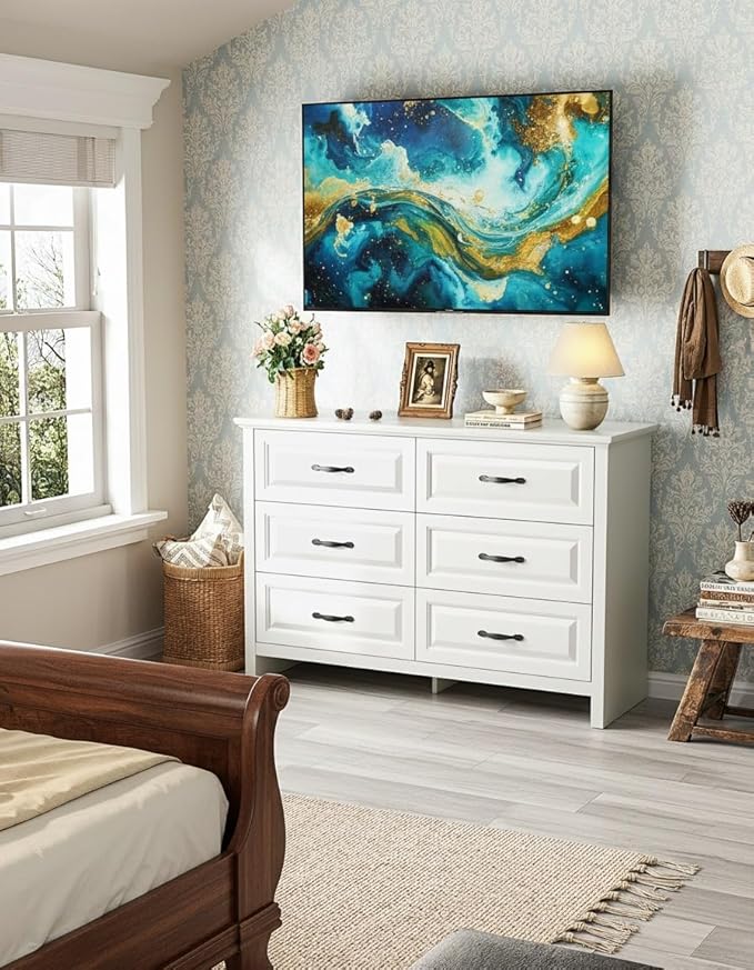 Marsail Farmhouse 6 Drawer Dresser, Wood Chest of Drawers with Natural Texture, Smooth Gliding Drawers, Versatile Storage Organizer Cabinet for Bedroom & Living Room, White