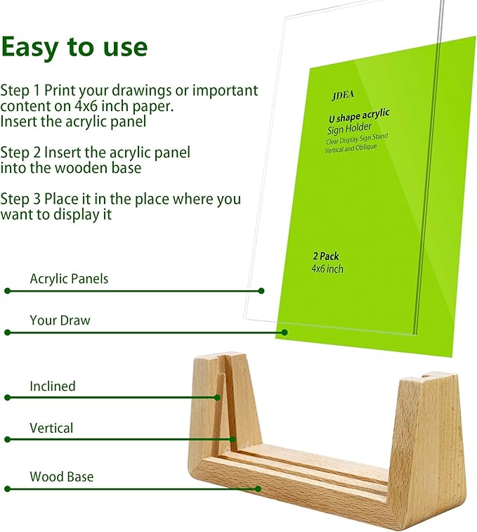 2 Pack 4x6 U-shaped Acrylic Sign Holder with Wood Base Menu Holder Flyer Holder Poster Stand Photo Stand (4*6)