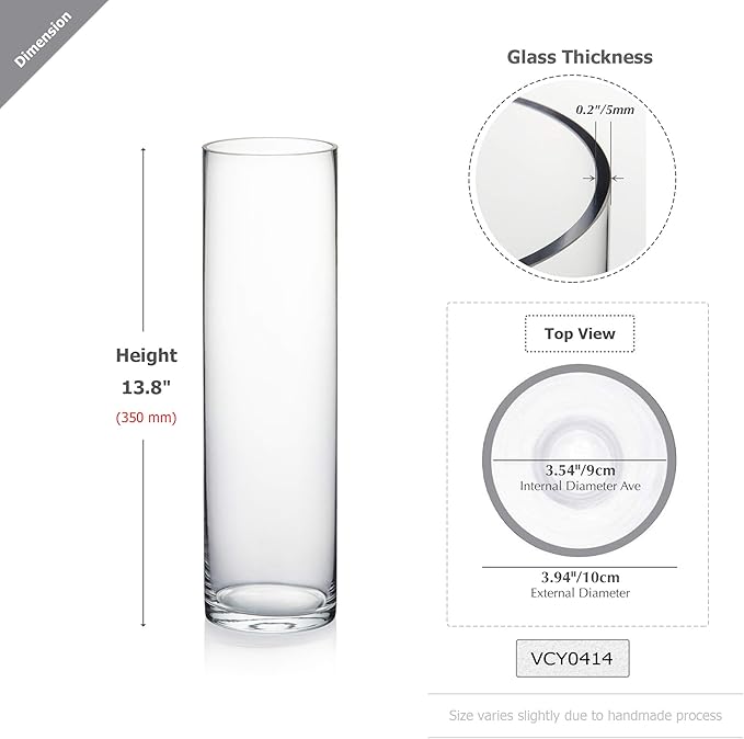 WGVI Quality Thick Weighted Tall Clear Cylinder Glass Vases, 4" W x 14" H, Flower Arrangement Floating Candle Holders Wedding Centerpieces Floral Bouquet Container Home Accent Decor, 1 Piece