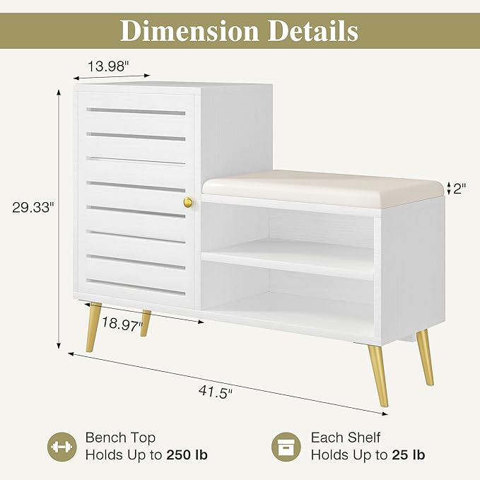 VECELO Shoe Storage Bench with Door&Shelf, Entryway Bench with Seat Cushion, for Hallway, Bedroom, Living Room, L-Shaped, White