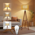 Rattan Wood Floor Lamp Tripod with Shelves, Mid Century Modern Floor Lamps for Living Room, 3 Color Temperatures with Foot Switch, Boho Standing Lamp for Bedroom Decor Walnut Brown Tall Lamps