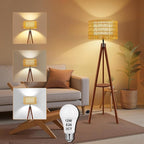 Rattan Wood Floor Lamp Tripod with Shelves, Mid Century Modern Floor Lamps for Living Room, 3 Color Temperatures with Foot Switch, Boho Standing Lamp for Bedroom Decor Walnut Brown Tall Lamps