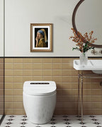 ARPEOTCY Gold Framed Canvas Wall Art, 11x14 Inch Vintage Funny Bathroom Art, Retro Toilet Parody of Girl with a Pearl Earring, Classical Minimalist Oil Painting Print for Restroom or Home Decor