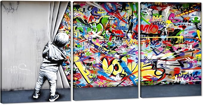 Novatique Graffiti Canvas Wall Art Banksy Wall Art Modern Pop Behind the Curtain Graffiti Painting Canvas Print for Living Room Bedroom, 24"x 36"x 3Pcs