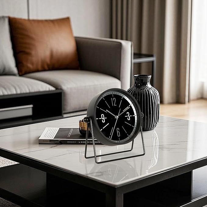 QIYAODECO® Vintage Metal Desk Clock for Bedroom, with Adjustable Angle Ticking Small Battery Operated Mantel Bedside Clock, Decorative Table Old Fashioned Style Black Decor Adult Kid Gift,Silver/Black