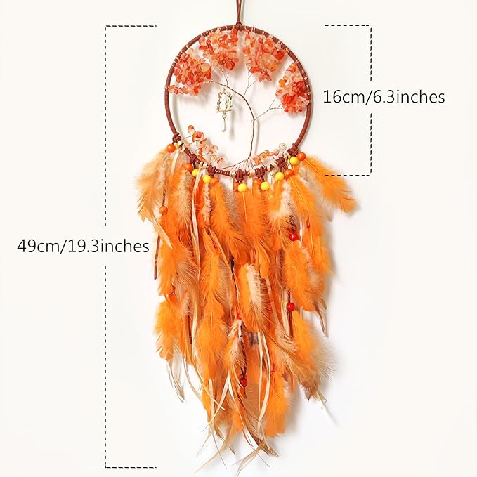 Orange Dream Catcher Wall Decor Crystal Tree of Life Dream Catchers Handmade Feather Dreamcatcher Wall Hanging Ornament for Bedroom Living Room Home Decor