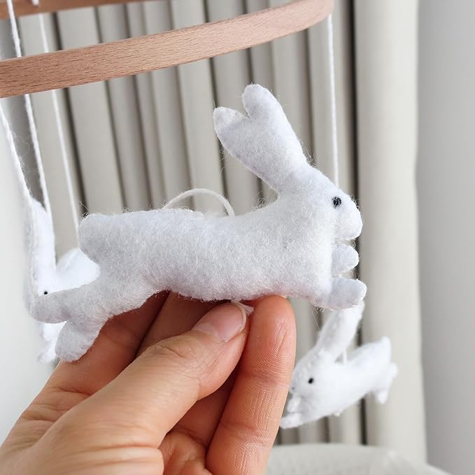 Felt Bunny Crib Mobile for Baby Girls Boys, Handmade Wooden Nursery Hanging Decor, Neutral Rabbit Baby Mobile for Crib Bassinet, Cute Crib Toys Hanging