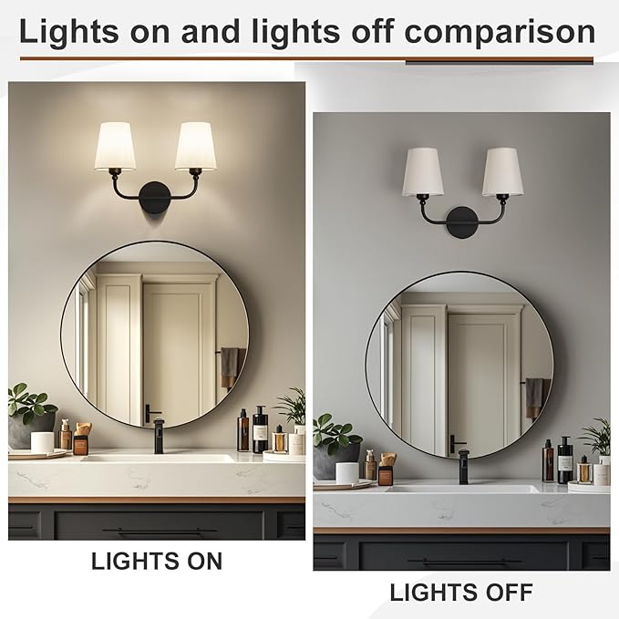 Kvhilw Bathroom Vanity Light, Matte Black Bathroom Light Fixtures, 2-Light Lighting Fixtures Over Miror, Modern Wall Sconce with Flared White Fabric Shade, E26 Socket(ETL Listed)