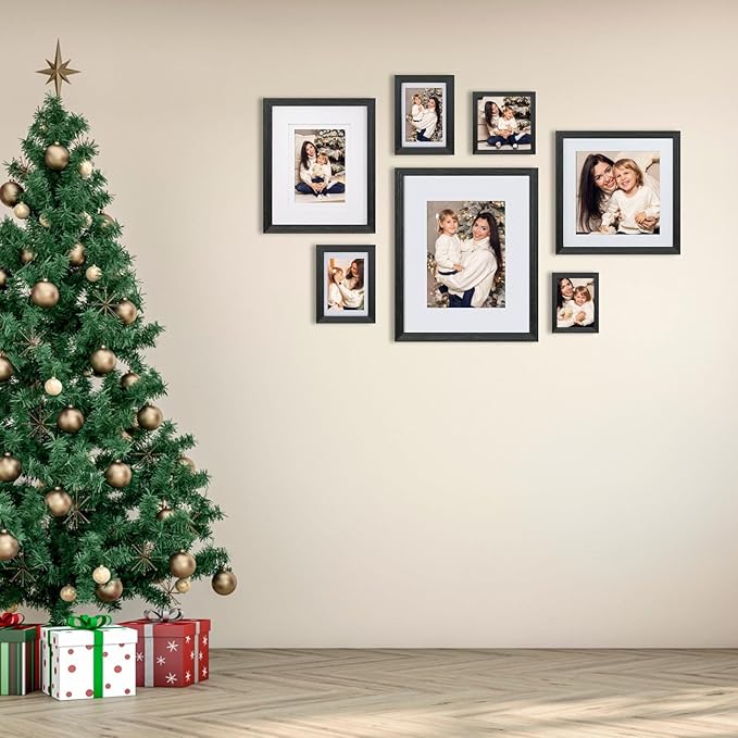 Egofine 5x7 Picture Frames Set of 4, Made of Solid Wood Covered by Plexiglass 3.5x5 and 4x6 with Mat or 5x7 without Mat, for Table Top Display and Wall Mounting Photo Frame Rustic Black