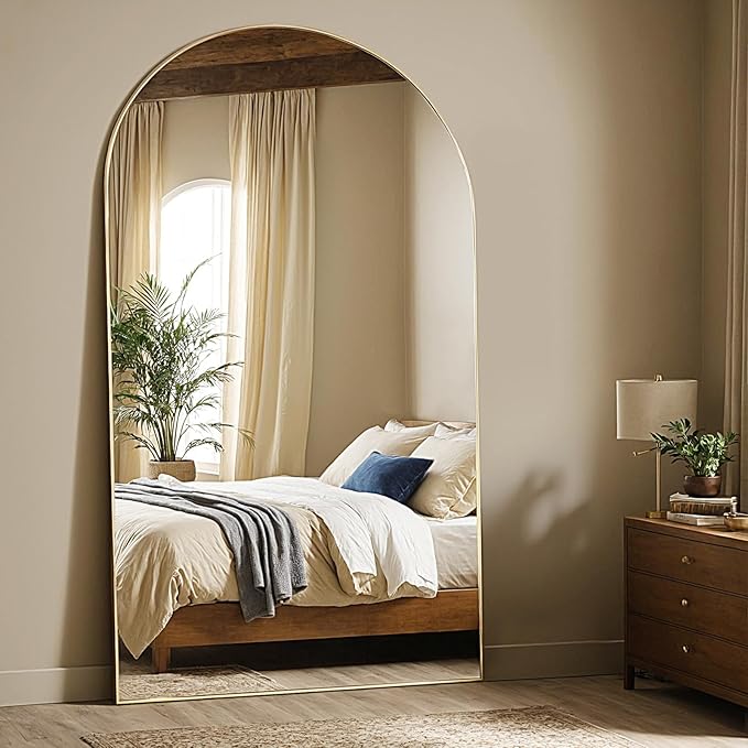MISSDAY Oversized Arched Full Length Mirror, 83"x44" Gold Full Body Mirror with Stand, Floor Mirror Large Free Standing, Leaning or Hanging, Aluminum Frame Mounted Mirrors Wall Mirrors for Bedroom