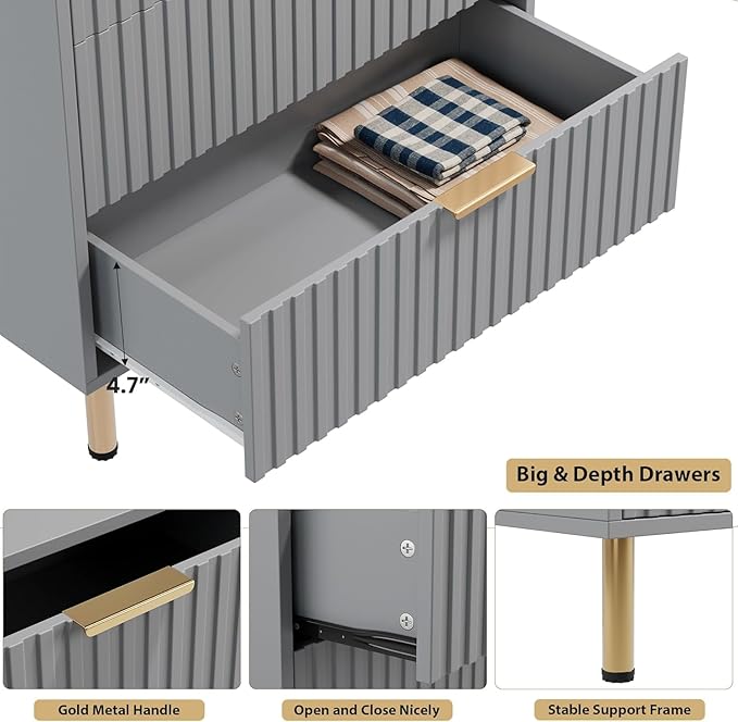 GarveeHome Fluted 5 Drawer Dresser for Bedroom, 48 in Tall Modern Chest of Drawers with Deep Drawers and Wide Top, Wooden Dresser Organizer for Living Room, Hallway, Kids Room, Grey