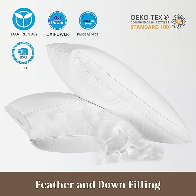 Bafode Goose Down Feather Pillows, Soft Bed Pillows Queen Size Set of 2, 100% Soft Cotton Shell,Gusseted Hotel Pillows for Back, Stomach or Side Sleepers