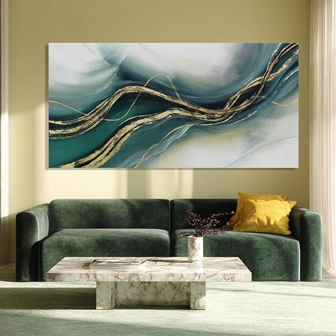 ZENPEE Gold Home Decor, Canvas Wall Art, Green Large Abstract Art for Living Room, Office, Bedroom & Dining Room, 24" x 48"