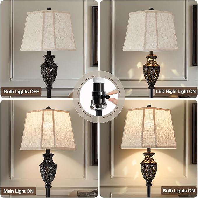 Luvkczc Vintage Black Floor Lamp - Hand-Painted Gold Resin with 6-Sided Carved Hollow Nightlight, Traditional Standing Lamp for Living Room, Bedroom, Study (Bulb Included)