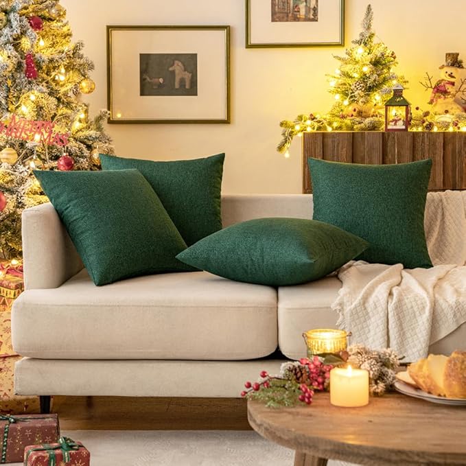 MIULEE Pack of 2 Decorative Outdoor Solid Waterproof Throw Pillow Covers Christmas Faux Linen Garden Farmhouse Cushion Cases for Patio Tent Balcony Couch Sofa 20x20 Inch Emerald Green