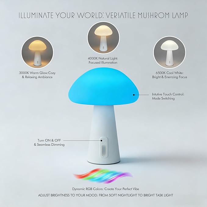 Rechargeable Touch Mushroom Table Lamp – Cordless RGB Lamp for Bedroom, Nightstand, Side Table – 3 Color Temperatures + RGB + Dimming + Type-C Charging