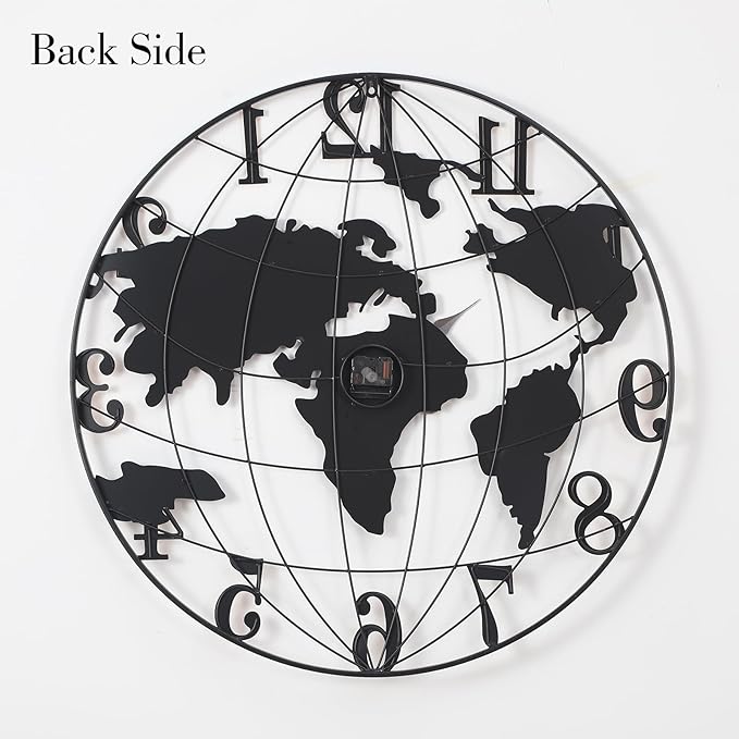 World Map Wall Clock, Black and Gold Vintage Luxury with Metal Frame, Retro Geographic Art for Living Room, Study, Travel Theme Decor, 36 Inch