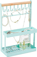 Lolalet 4-Tier Jewelry Organizer Stand with 12 Hooks, Necklace Bracelet Ring & Sunglasses Holder, Cute Metal Jewelry Storage Rack for Vanity, Dresser or Entryway, No Assembly -Light Blue
