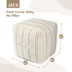 AELS Unstuffed Farmhouse Pouf Cover for Living Room, Boho Storage Bean Bag Cubes, Beige with Gray Stitch Yarn Dyed Stripe Square Ottoman Pouf Foot Rest Footstool, 18"x18"x18", Cover ONLY