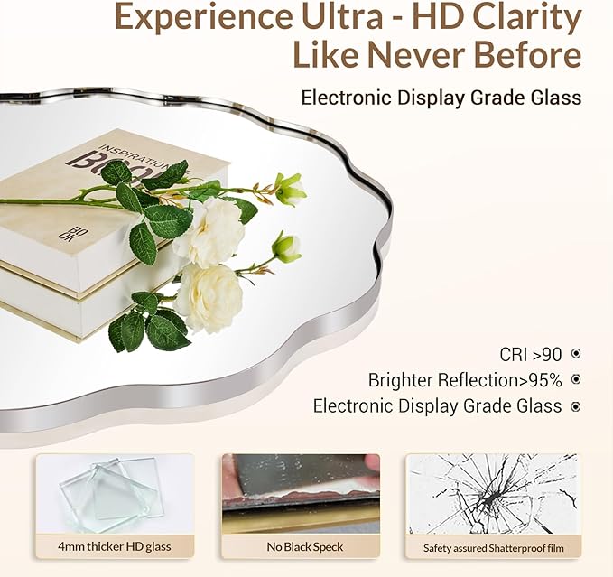 ANDY STAR Chrome Round Wall Mirror 30 inch, Polished Metal Frame Circle Bathroom Mirror in SUS304 Stainless Steel Frame, with Unique Modern Circular Wavy Design
