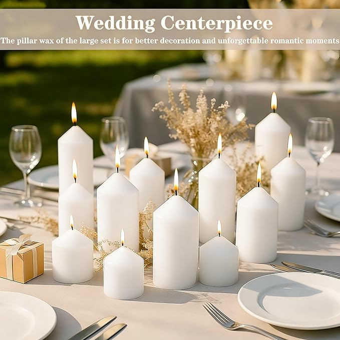 White Pillar Candles Bulk Set of 12, 3 Different Lengths 3 x 3/6/8 Inch (4 Each), Hurricane Candles, Dripless Unscented Smokeless, Gives You a Better Atmosphere When Organizing an Event Party.
