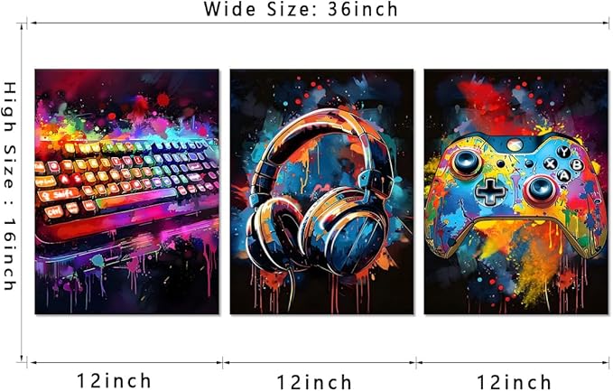 Novatique Cool Gaming Wall Art Graffiti Wall Art for Bedroom Colorful Video Game Wall Decor Gamepad Headphones Canvas Print for Teenager Room,12" x 16" x 3Pcs