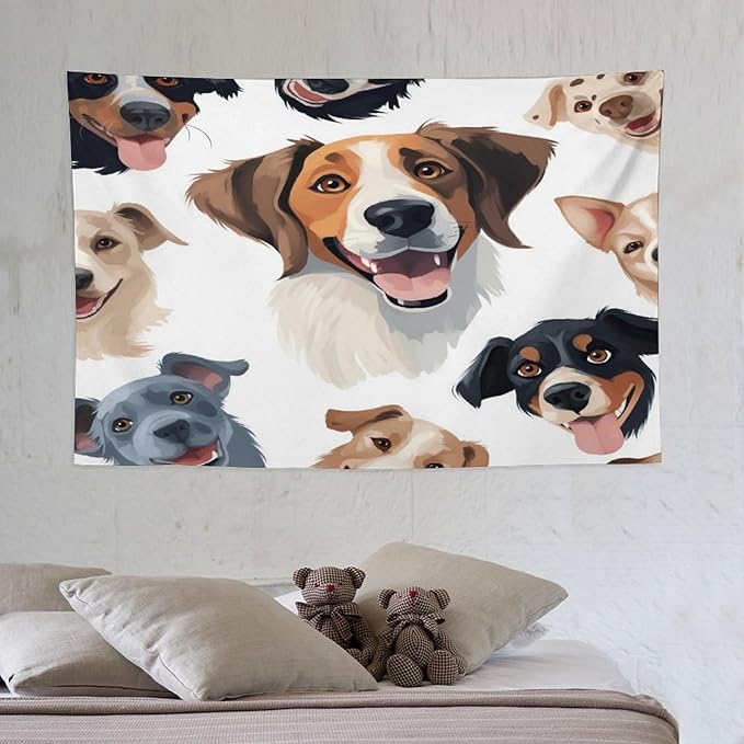 VUMIVI Cartoon Dog Tapestry Black & White Pet Dog Heads Cute Illustration Modern Creative Design Tapestry Wall Hanging for Living Room Bedroom Dorm Classroom Aesthetic Decor W60xL40in