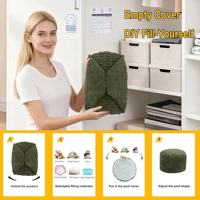 Handmade Unstuffed Ottoman Pouf Cover – Versatile Storage Footstool & Floor Pouf for Living Room, Bedroom, or Wedding Decor | 20" Diameter x 14" Height | Filler Not Included (Green)