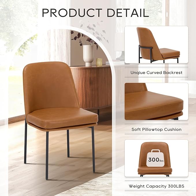 COLAMY Dining Chairs Set of 2, Modern Dining Chair, Leather Upholstered Dining Chairs, Kitchen Chairs with Curved Back and Metal Legs for Dining Room Kitchen Restaurant, Brown