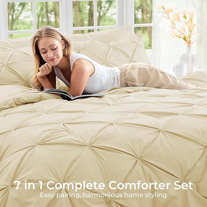 Sasttie Queen Comforter Set, 7-Piece Bed in a Bag, Pintuck Bedding Sets for All Season, Includes Comforter, Flat Sheet, Fitted Sheet, Pillowcases and Pillowshams, Pale Yellow