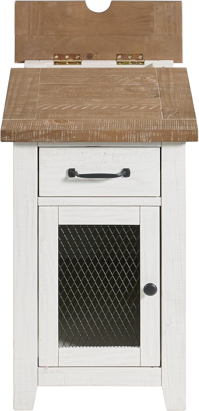 Martin Svensson Home Solid Wood White and Driftwood Rustic Chairside End Table with Power and Storage