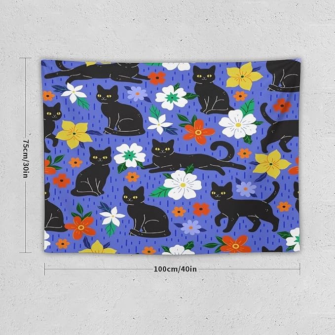 VUMIVI Black Cat Floral Tapestry Red White Hand-Painted Flowers Cute Animals Kids' Doodles Tapestry Wall Hanging for Living Room Bedroom Dorm Classroom Aesthetic Decor W40xL30in