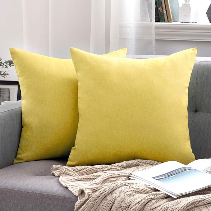 MIULEE Pack of 2 Decorative Outdoor Solid Waterproof Throw Pillow Covers Euro Sham Faux Linen Garden Farmhouse Cushion Cases for Summer Patio Tent Balcony Couch Sofa 22x22 Inch Yellow