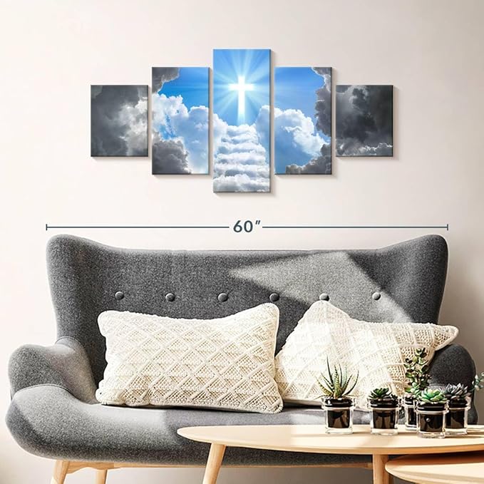 Elephant Stock Stairway To Jesus Christ Wall Art Multi Piece Canvas - 5 Panel Christian Pictures Decor - Digital Design Canvas Print - Christian Wall Decor - 42" X 19"