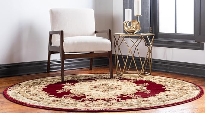Rugs.com Chateau Collection Rug – 7' Round Red Medium Rug Perfect for Kitchens, Dining Rooms