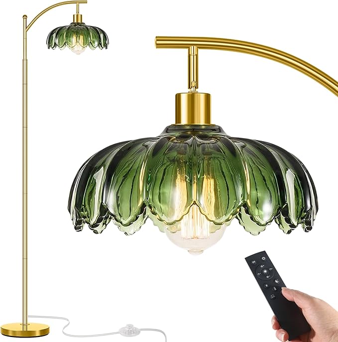 Gold Floor Lamp for Living Room with Remote Control,Unique Vintage Standing Tall Lamp,Mid Century Modern Floor Lamps Arc Green Glass Floor Lamps for Office Corner
