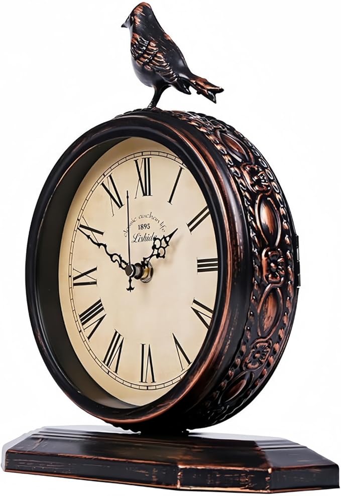 8-Inch Antique Mantel Clocks for Living Room, Retro Table Metal Silent Clocks for Fireplace, Easy to Read Decorative Mantel Clocks with Top Bird for Bedroom, Office, Desktop (Roman Numerals)