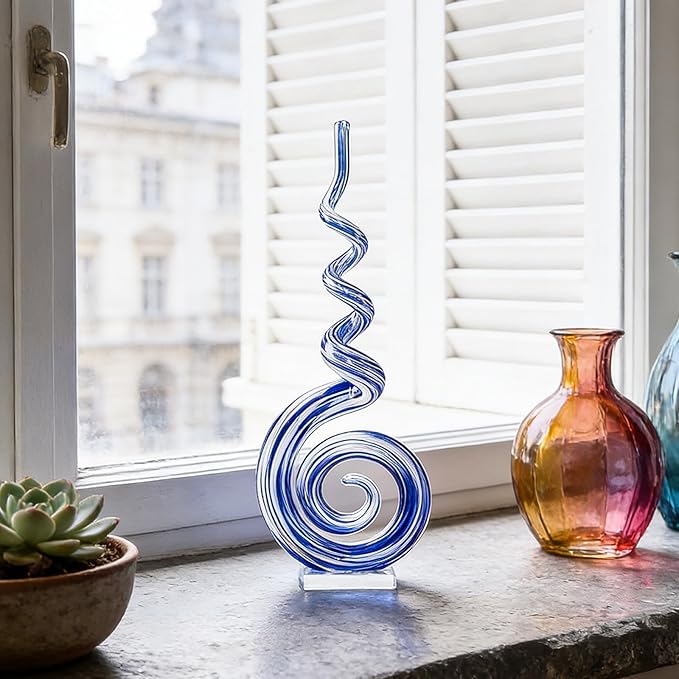 15" Tall Hand-Blown Murano-Style Glass Sculpture Statues Art Ornament Statue Figurines Home Decor Accent Piece Coastal Ocean Nautical Home Decor,Shelf,TV Stand,Tabletop Centerpieces,Wonderful Gift