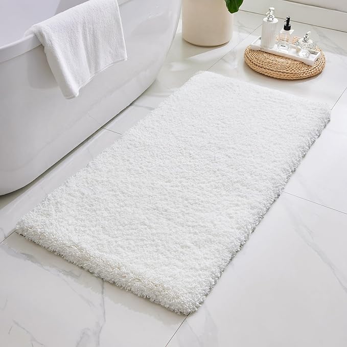 ILANGO White Bathroom Rugs 60" × 24" Non Slip & Super Absorbent Extra Thick Soft, Washable Bath Carpet Runner for Floor, Microfiber Plush Shaggy Bath Mats with Rubber for Bedroom Bathtub Shower Room