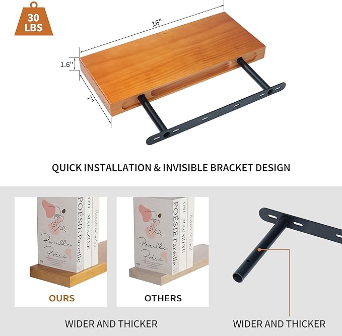 Floating Shelves for Wall 16 Inch Solid Real Wood Shelves Set of 2 Rustic Farmhouse Wall Mounted Wood Shelf for Bedroom Living Room Bathroom Kitchen Home Decor Office