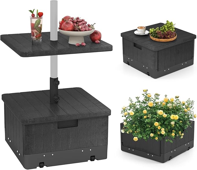 Tangkula 3-in-1 Patio Umbrella Base, 175 LBS Moveable Umbrella Stand w/Table Tray & Weighted Bag, Side Handles, HDPE Frame, 2 Pole Adapters, Garden Coffee Table Planter Box (Black)