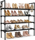 4 Tier Shoe Rack for Closet Shoe Organizer with 5 Hooks, Long Shoe Shelf Storage for Shoe and Boot Stackable Free Standing Shoe Rack for Entryway, Garage, Small Spaces, Dorm, Black